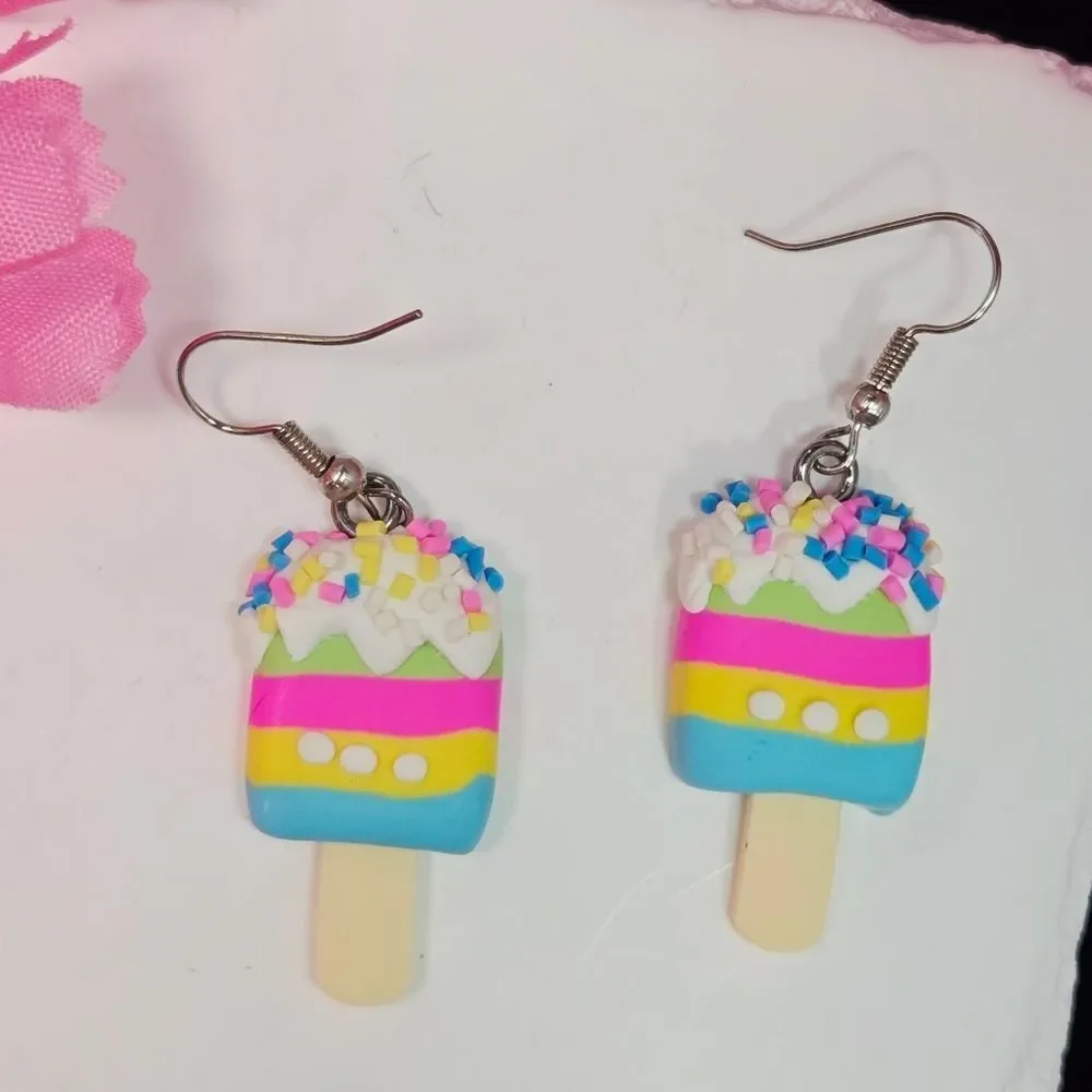 Rainbow Sherbet Ice Cream Popsicle Earrings – Sprinkle Dangles Statement Cute